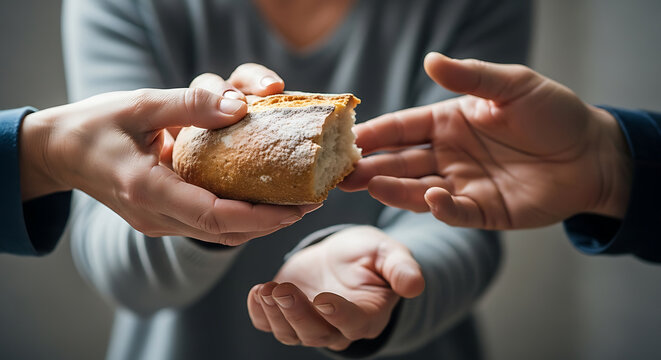 A person hands a loaf of bread to another person's outstretched hand in a gesture of charity.