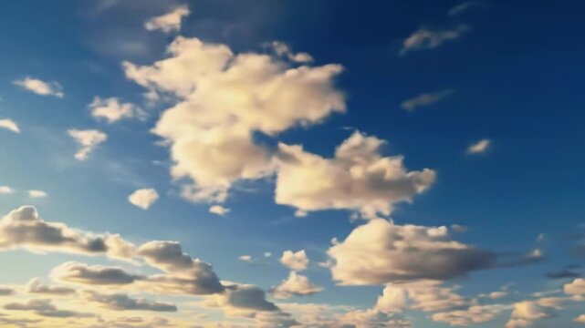 Low angle wide video of radiant golden hour sun illuminating vast cerulean sky with voluminous, textured stratocumulus clouds, drifting peacefully. Dreamlike tranquility