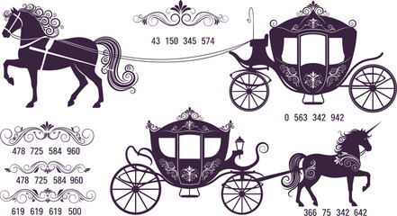 Obraz premium Fairytale horse carriage collection vector illustration featuring royal coach elegant horses vintage transportation and decorative fantasy design elements