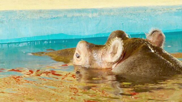 A large hippopotamus swims calmly with only its eyes and ears visible above the rippling water. This serene scene captures a moment of quiet observation and cool comfort. The animal looks peaceful.