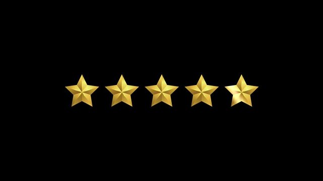 5 star review rating icon animation loop on black background, customer feedback satisfaction concept motion graphics