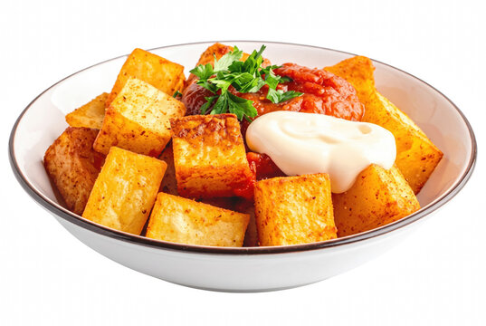 Spanish Patatas Bravas with Spicy Tomato Sauce and Aioli Garnish