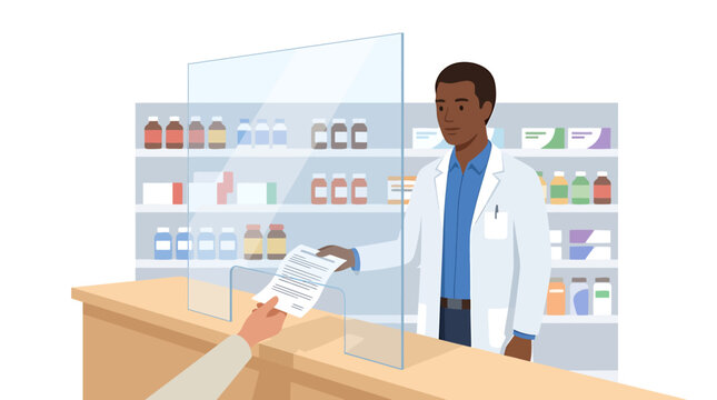 African American Pharmacist Handing Vaccine Info Sheet at Counter