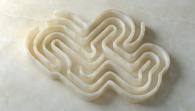 Abstract 30 words title featuring smooth beige onyx marble labyrinth pattern line sculpture placed on stone surface elegant clean studio lighting top view professional premium minimal high quality ass