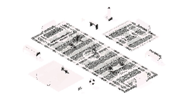 distressed halftone effect on rectangles with scattered dots and lines.