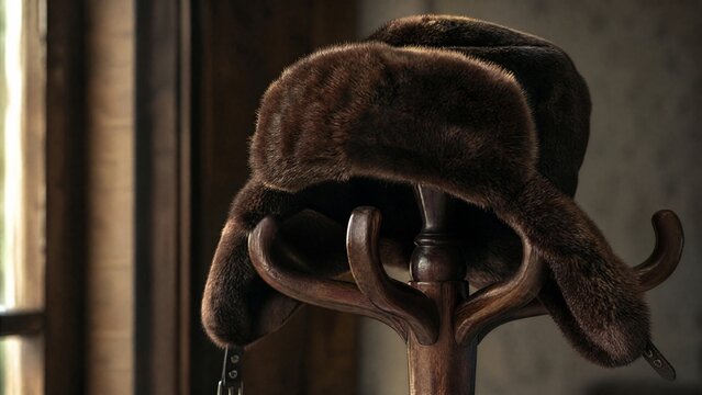 Deep brown bearskin ushanka hat resting on a dark wooden coat rack.