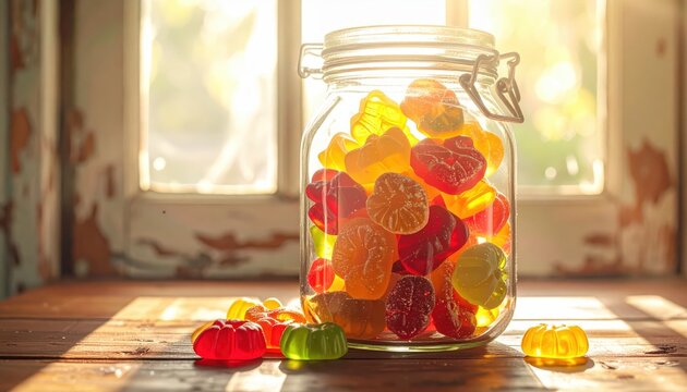 A vintage glass jar overflowing with colorful fruit-shaped gummy candies illuminated by warm sunlight on a wooden surface.