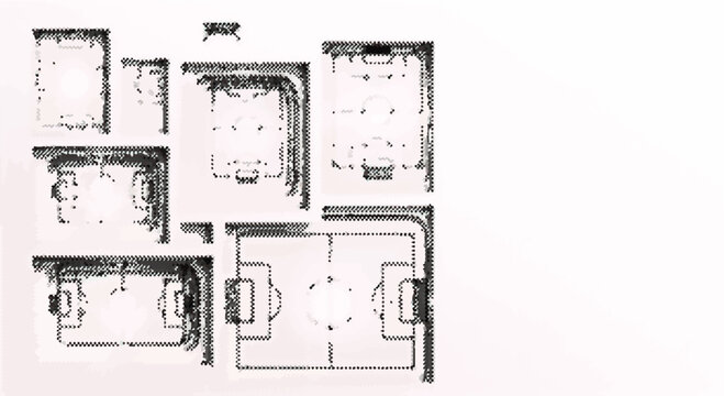  Floor plan with multiple rooms and dotted lines on white background