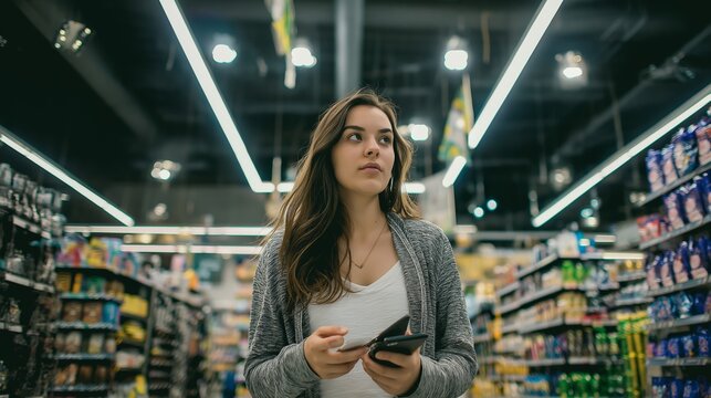 Young woman browsing shelves in a store, holding smartphone and wallet, searching for items and making shopping decisions