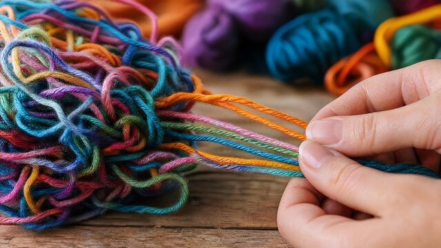 Close-up of colorful yarn being untangled from a complex knot.