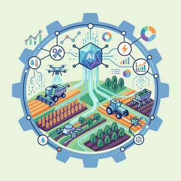 A digital illustration showing modern automated farming technology systems