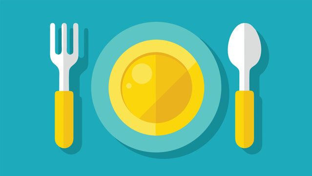 Flat lay empty plate with fork and spoon on teal background during mealtime concept
