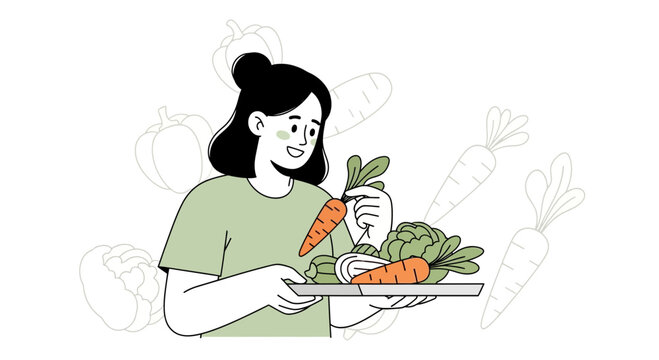 Joyful Person Holding Fresh Vegetables, Healthy Eating Concept Illustration