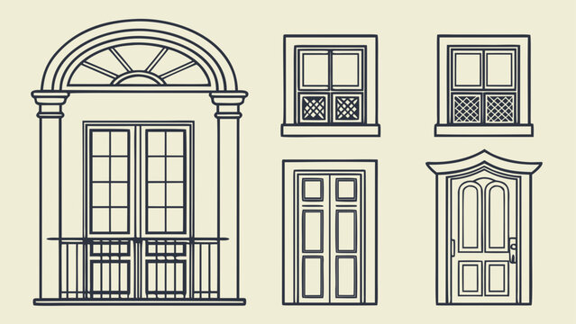 Collection of architectural elements doors and line art architecture entrance