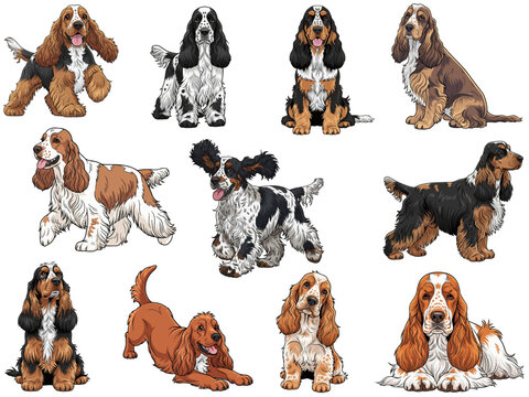 English Cocker Spaniel dog 11 profile poses bundle vector illustration