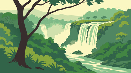 Illustration of a majestic tropical waterfall flowing through a jungle © Mehe