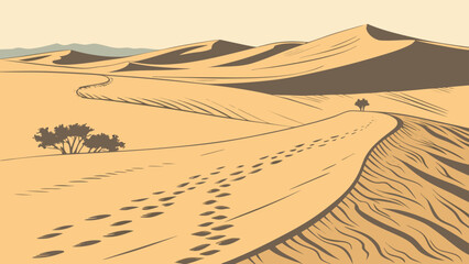 Vast sandy desert landscape with sand dunes and footprints landscape geography © Mehe