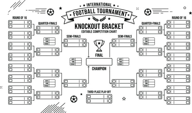 Editable international football tournament knockout bracket chart featuring sixteen teams for sports competition and championship game planning