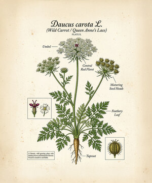 Vintage botanical illustration of wild carrot, Daucus Carota, featuring detailed white flowers, foliage, roots, seed pod, and scientific labeling on an aged paper background
