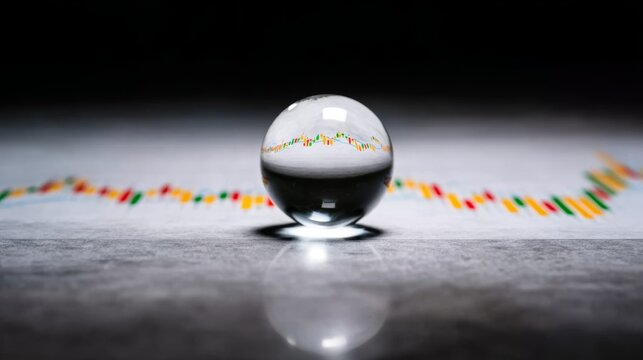 Transparent glass sphere showing inverted financial charts, market graphs, and data lines on a reflective surface, symbolizing global business