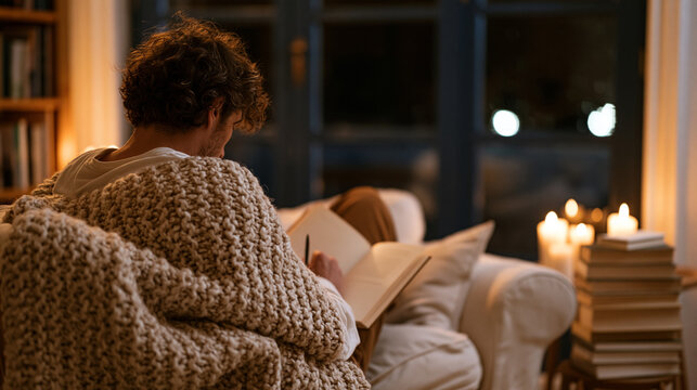Over the shoulder view of a man journaling by candlelight during February coziness, heavy knit throw draped across his shoulders, rain audible against dark windows, a stack of