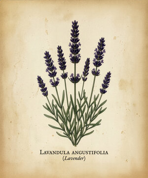 Vintage botanical illustration of lavender, Lavandula angustifolia, featuring detailed blue purple flowers, foliage and scientific labeling on an aged paper background