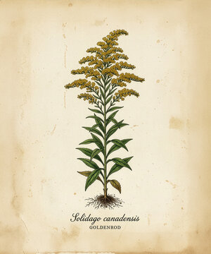 Vintage botanical illustration of Canadian Goldenrod, Solidago Canadensis, featuring detailed yellow flowers, foliage, roots, and scientific labeling on an aged paper background