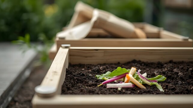 Close up of Organic Vegetable Scraps and Biodegradable Packaging on Rich Compost Soil in Wooden Bin