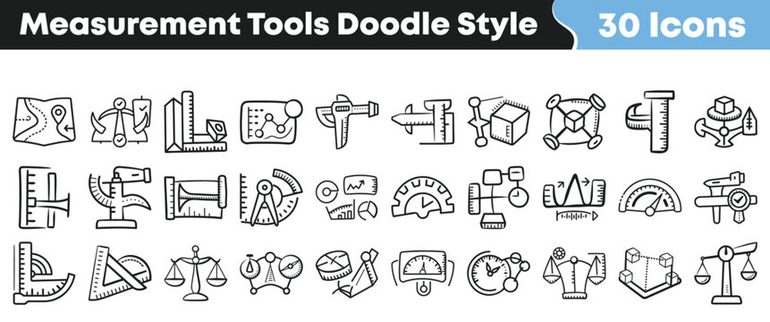 Hand drawn collection of various measurement tools in doodle style