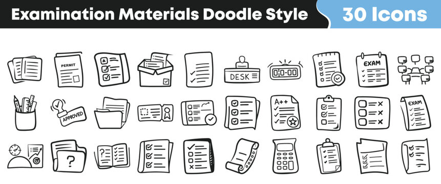 Hand drawn collection of thirty different examination materials doodle icons