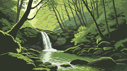 Lush forest waterfall cascading into stream with mossy rocks illustration © Md