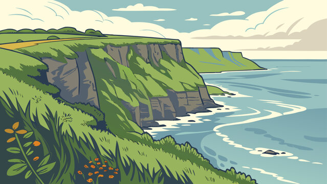 Coastal cliff landscape with green grass and ocean waves landscape cliffside