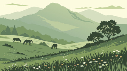 Graphic illustration of grazing horses in a mountain meadow with mountains © Md