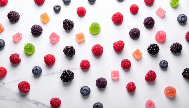 An appetizing mosaic of mixed berry gummies and fruit candies arranged in a delightful pattern on a clean white surface