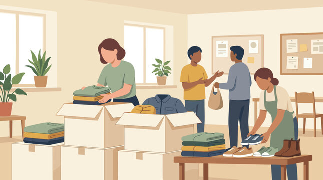 Diverse group of volunteers sorting donated clothes and shoes into cardboard boxes in a bright community center. Flat vector illustration concept for charity, donation, and recycling.