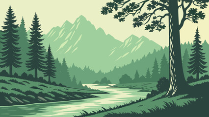 Fototapeta premium Graphic illustration of a serene mountain forest landscape with a river