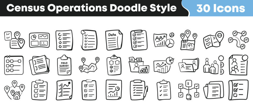 Hand drawn doodle set of census operations and research icons