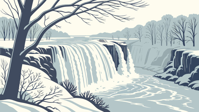Graphic illustration of a waterfall in a frozen winter landscape with waterfall