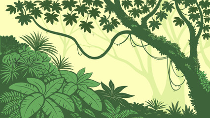 Lush tropical jungle forest scene with canopy and vines tropical rainforest © Md