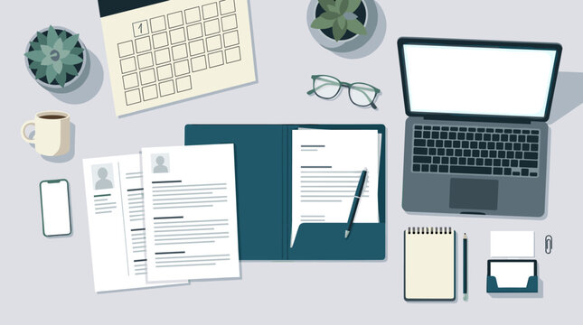 A top-down digital illustration of a clean workspace featuring a laptop, resume documents, calendar, and office supplies. Ideal for business, recruitment, and productivity concepts.