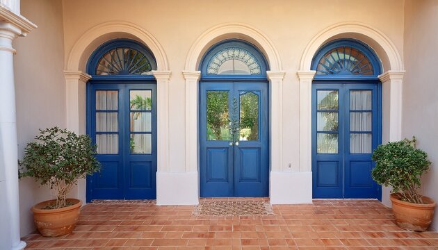 a spanish style home entrance with large arched windows and blue doors terracotta tiles on the floor indoor plants in clay pots and an open door leading to a garden