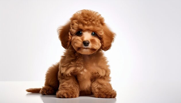 a cute brown poodle puppy sitting isolated on white background white background