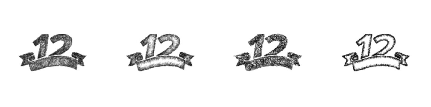 Sketch black and white number 12 logo design set