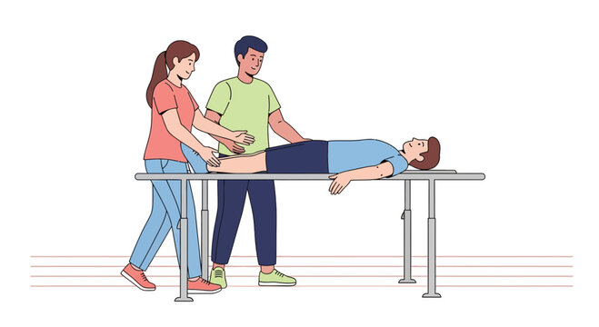 Physical Therapist Assisting Patient in Rehabilitation Exercise on a Table with Parallel Bars