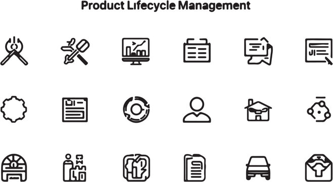 Product lifecycle management icons with business and technology symbols.