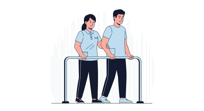 Physical therapist assisting patient with rehabilitation using parallel bars, vector illustration, medical care, recovery