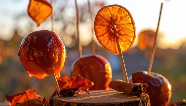 Artfully arranged candied apple slices with a deep caramel glaze and cinnamon sticks on rustic wood