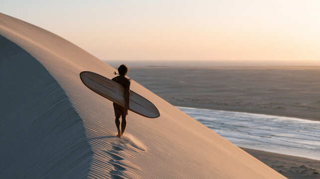 Desert sandboarder carrying a board up a towering erg dune at sunrise, lone figure silhouetted against an immense sand ridge, foot sinking in soft sand with each step, empty