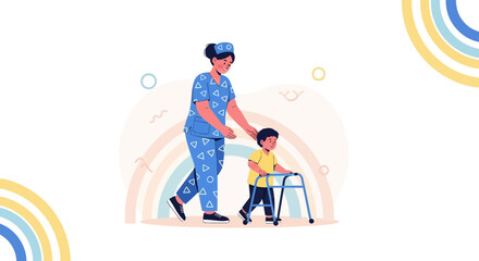 Obraz premium Nurse Helping Child with Walker in Rehabilitation, symbolizing care, support, and recovery.