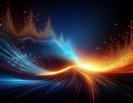 sinusoidal energy wave collision with radiant spark explosion data frequency and sound resonance glowing light trails merging and bursting into bright particles against dark background